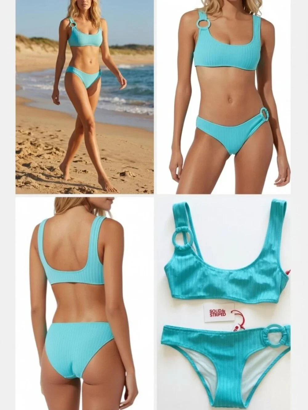 Solid & Striped The Elle Ring Ribbed Bikini Greek Blue Small NWT